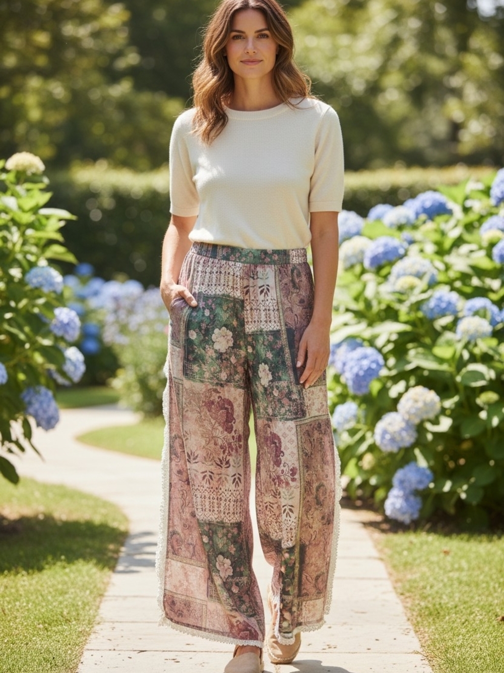 POL Rose Patchwork Floral Wide-Leg Pants - Picture 2 of 7